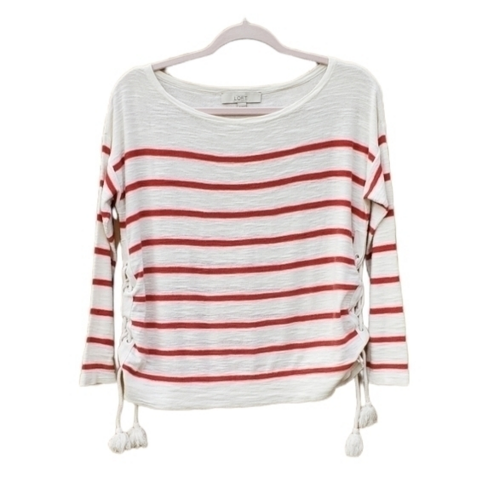 LOFT Ann Taylor Ivory‎ Red Striped Nautical Tassel Knit Cotton Sweater XS